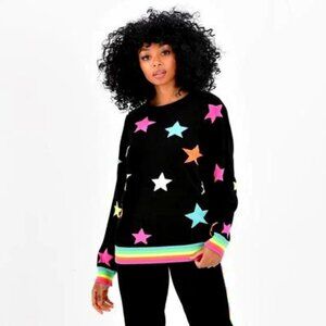 NWT Brodie Summer Star Cotton-Silk Sweater-Black with Neon Stars & Rainbow Trim
